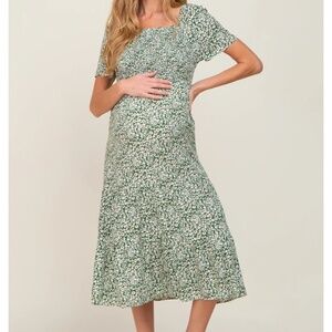 Green Floral Smocked Off Shoulder Maternity Midi Dress